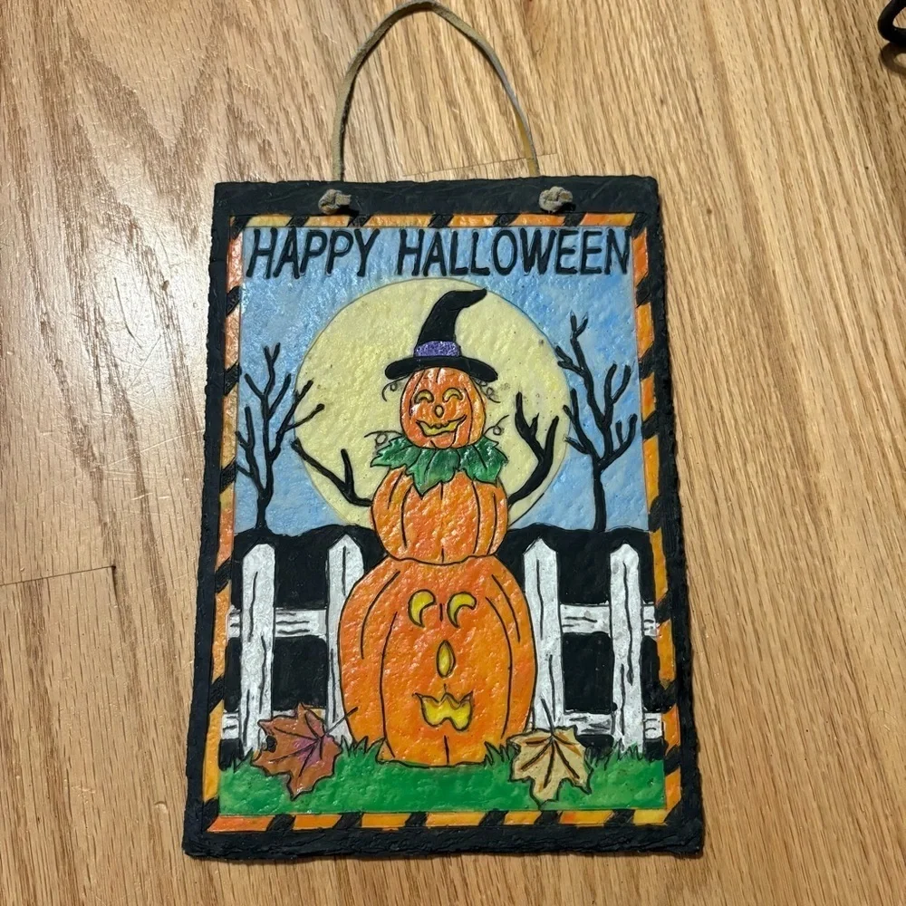Vintage Halloween Pumpkin Painted Slate Stone Sign Hanging Decor Orange Black